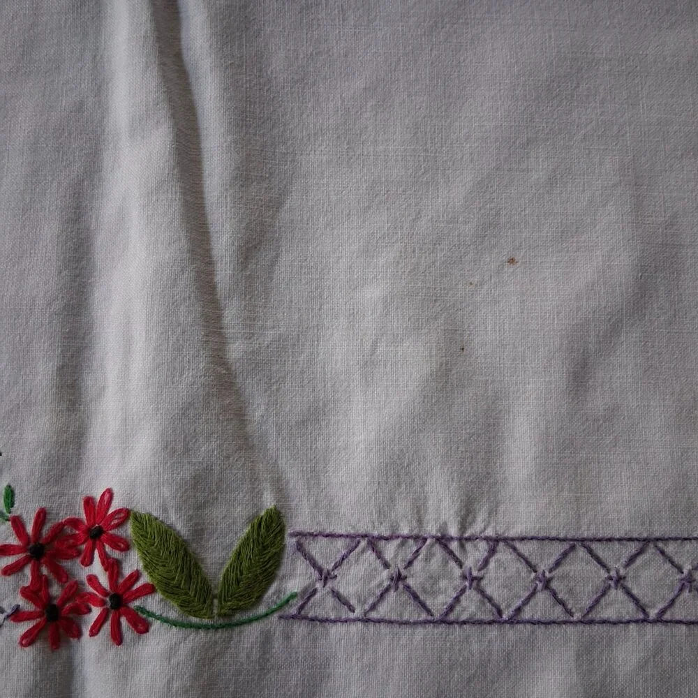 🌸 Vintage Floral Embroidered Tablecloth • Crochet Lace Edge • 54x58 Multicolor